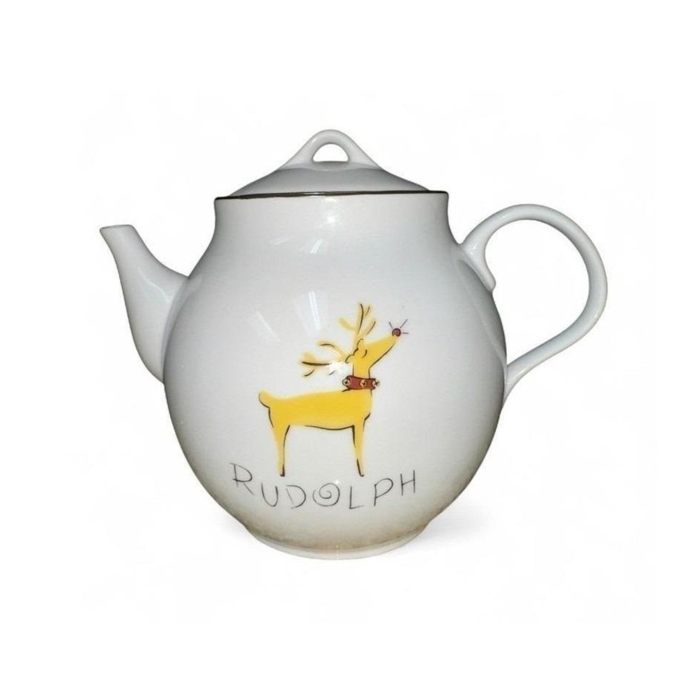 Pottery‎ Barn Reindeer Rudolph Christmas Teapot White Ceramic